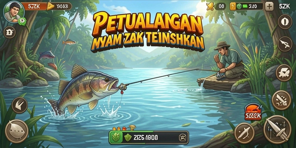 Screenshot gameplay 5ZK menampilkan momen memancing yang mendebarkan.
