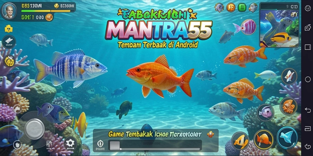 Tampilan gameplay MANTRA55 dengan aksi menembak ikan yang mendebarkan.